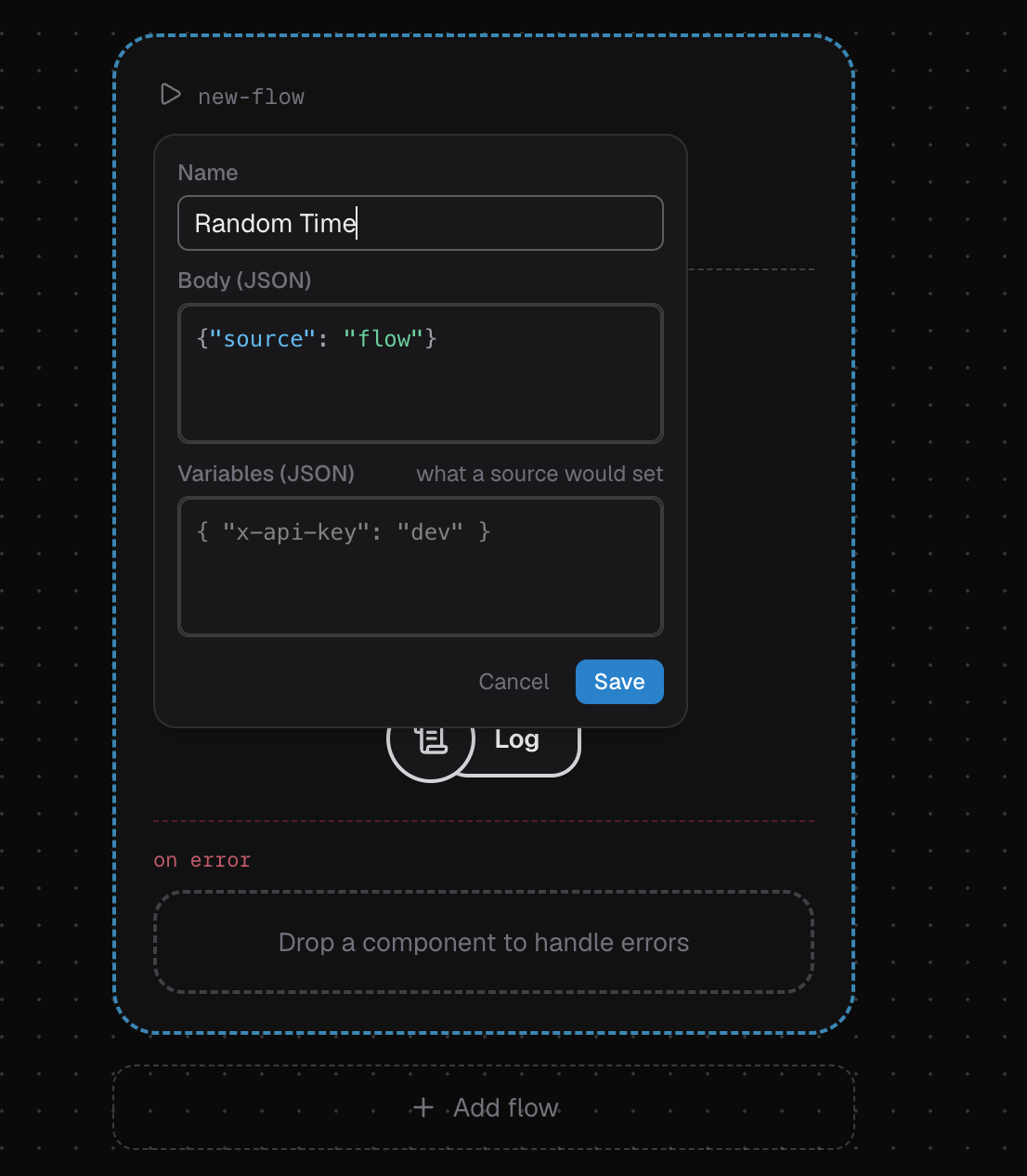 The add-test-input form, with a name, a JSON body and a variables map