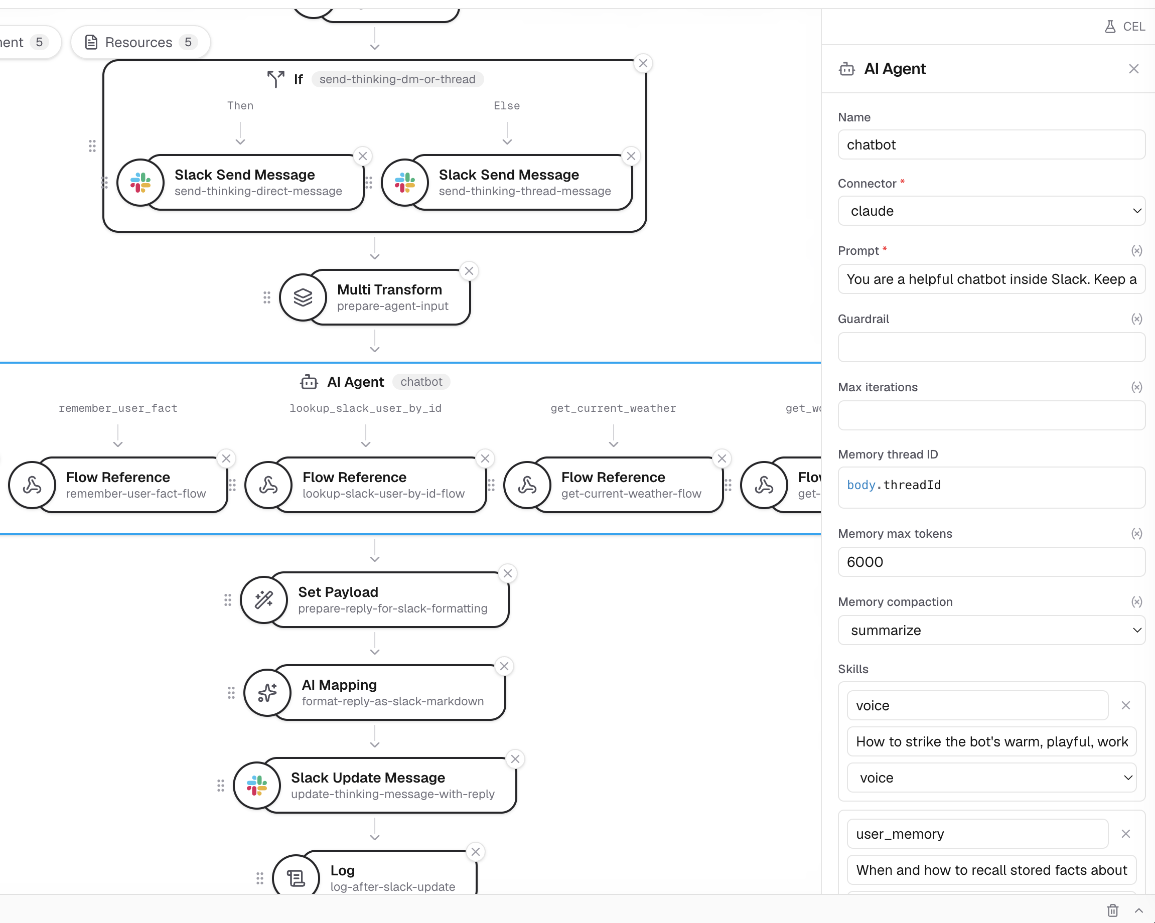 An ai-agent block's settings in the editor: prompt, tools, skills, and memory