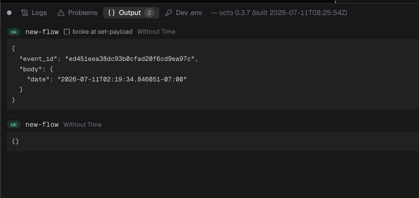 The Output tab showing the message captured at a breakpoint