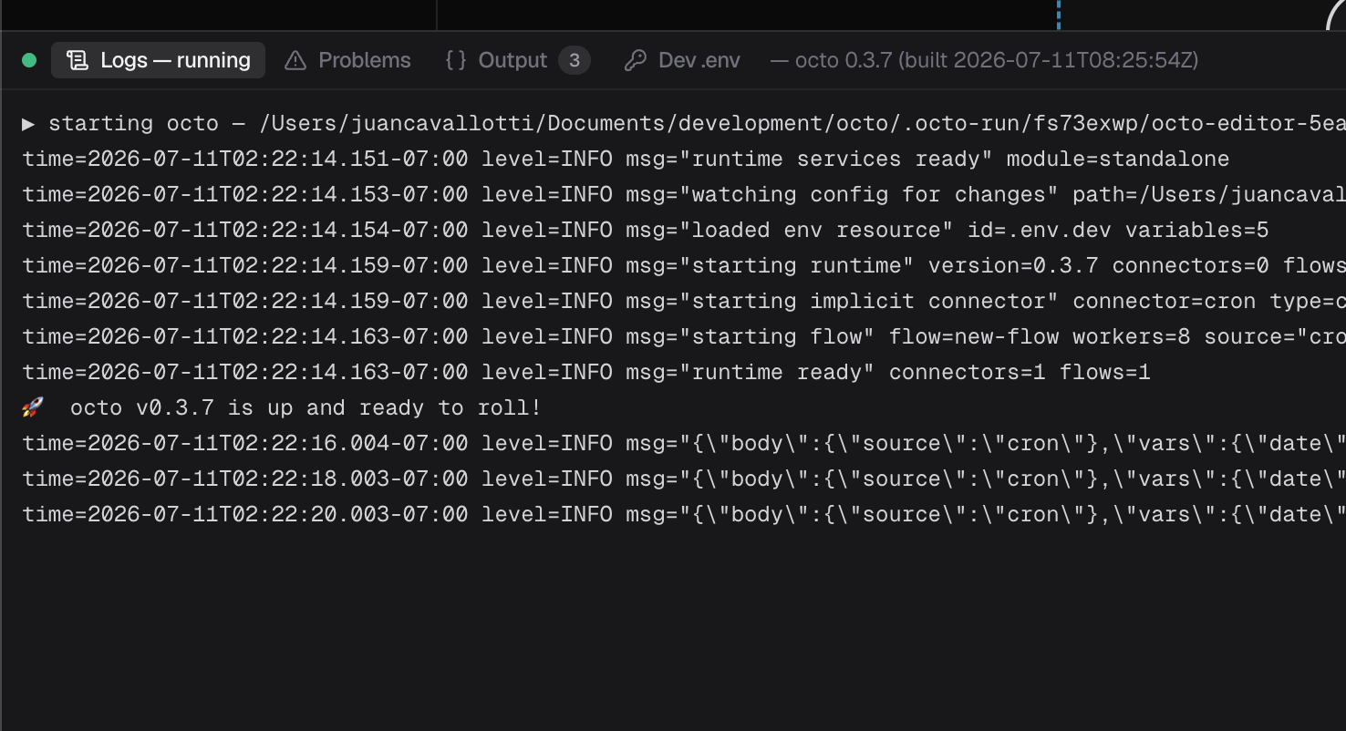 The console header with its four tabs: Logs, Problems, Output and Dev .env