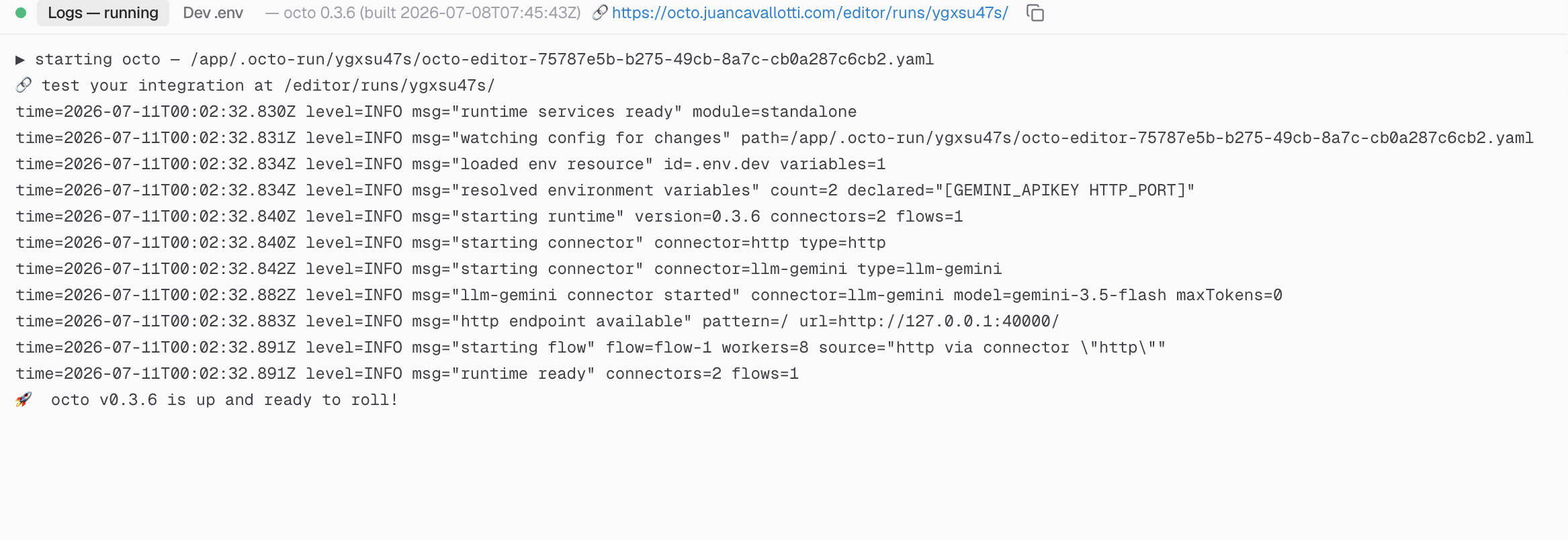 The editor's tabbed console: Logs and Dev .env, with a run's test URL in the header