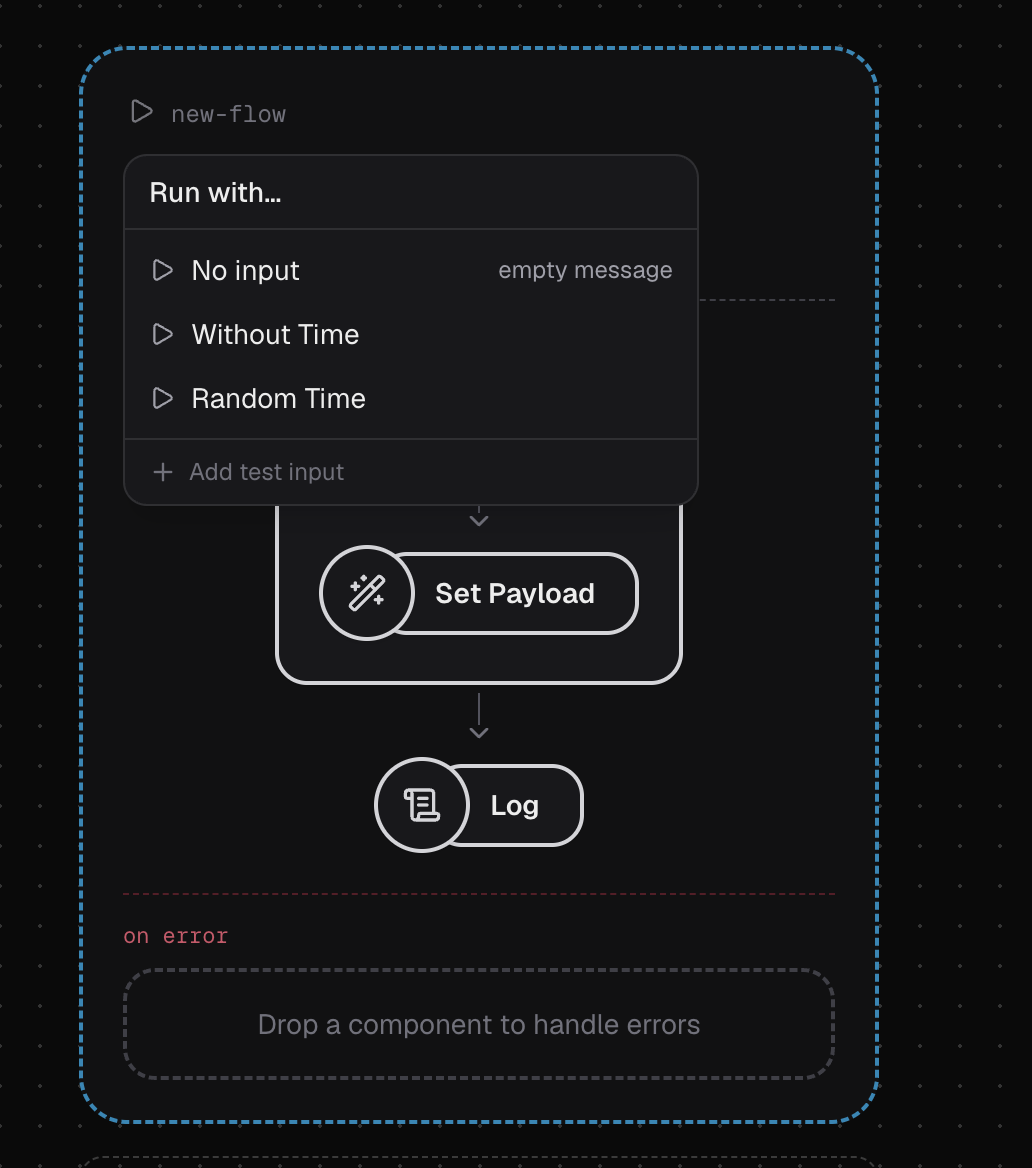 A flow card with its run menu open, offering No input, two saved test inputs, and Add test input