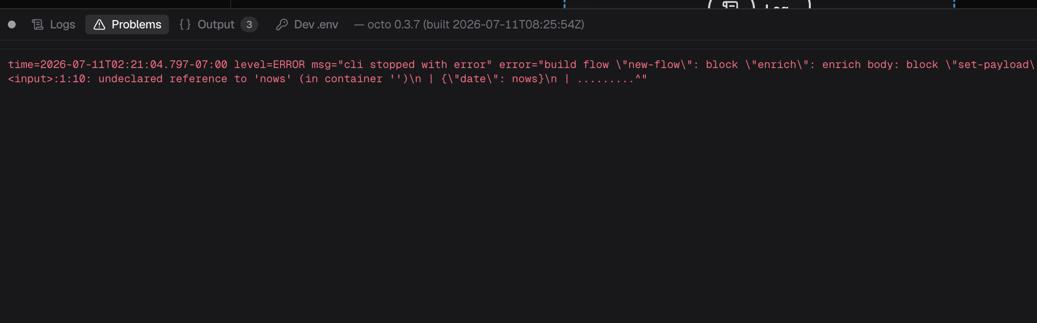 The Problems tab showing why the last run failed