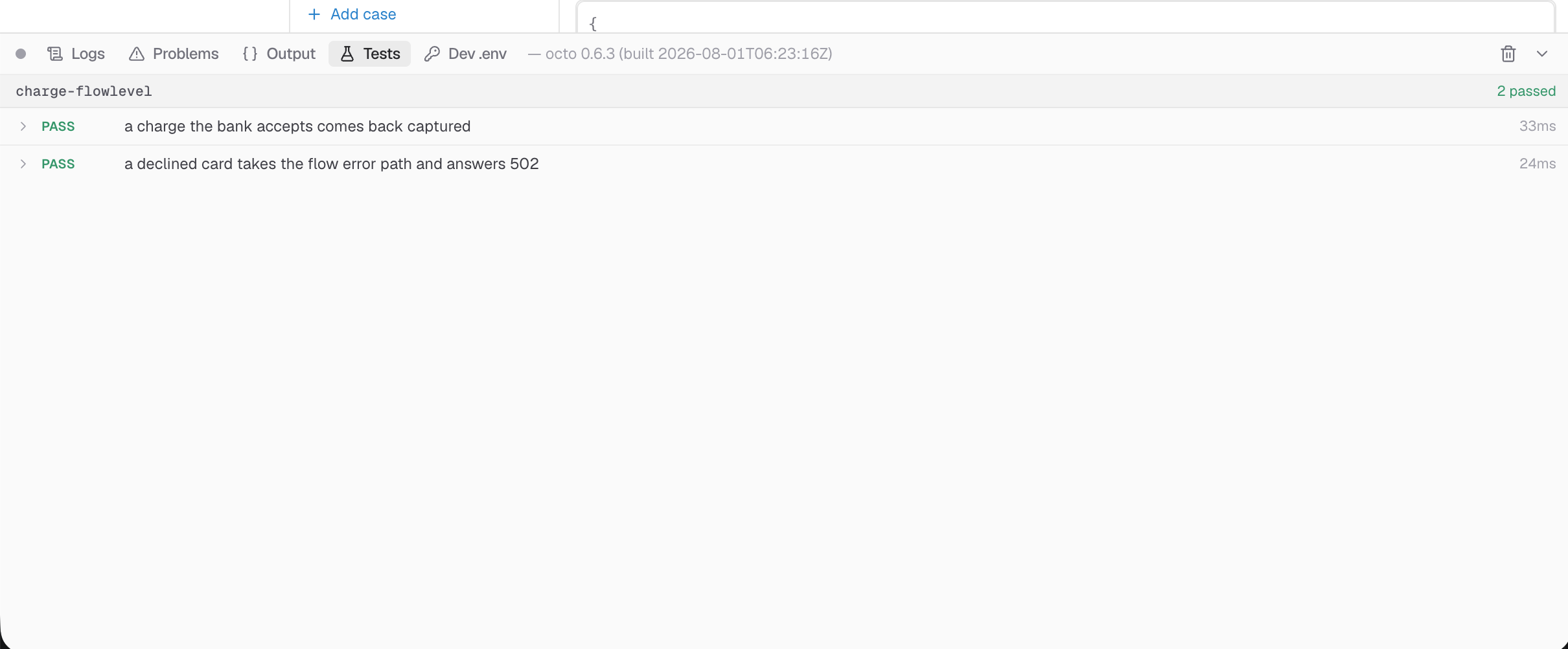 The console's Tests tab after a green run: the suite name, a two-passed tally, and both cases with their elapsed times
