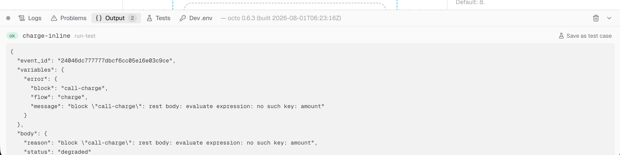 A run's result on the console's Output tab, with a Save as test case button beside the flow name