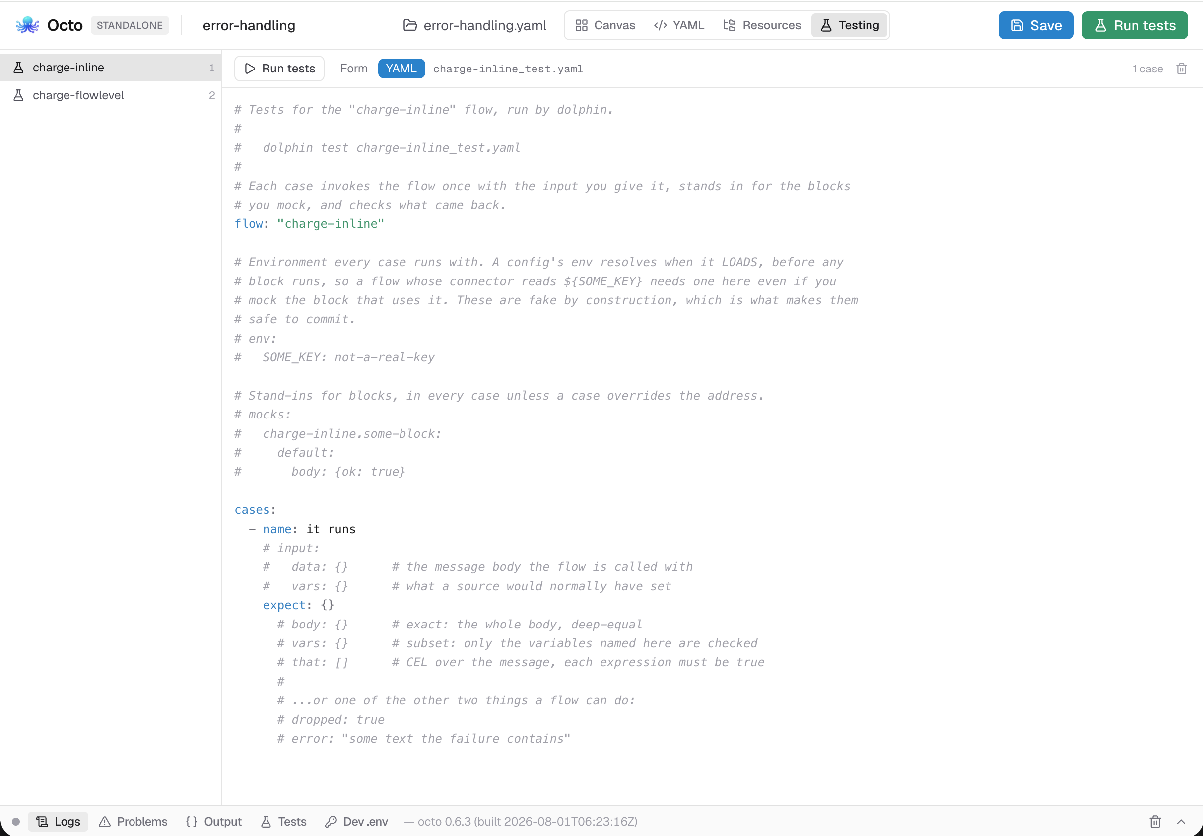 A new suite in the YAML view: the scaffold dolphin reads, with a comment explaining every section it can hold