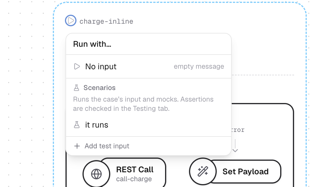 A flow's run menu on the canvas, listing the suite's cases under a Scenarios heading beside No input and Add test input