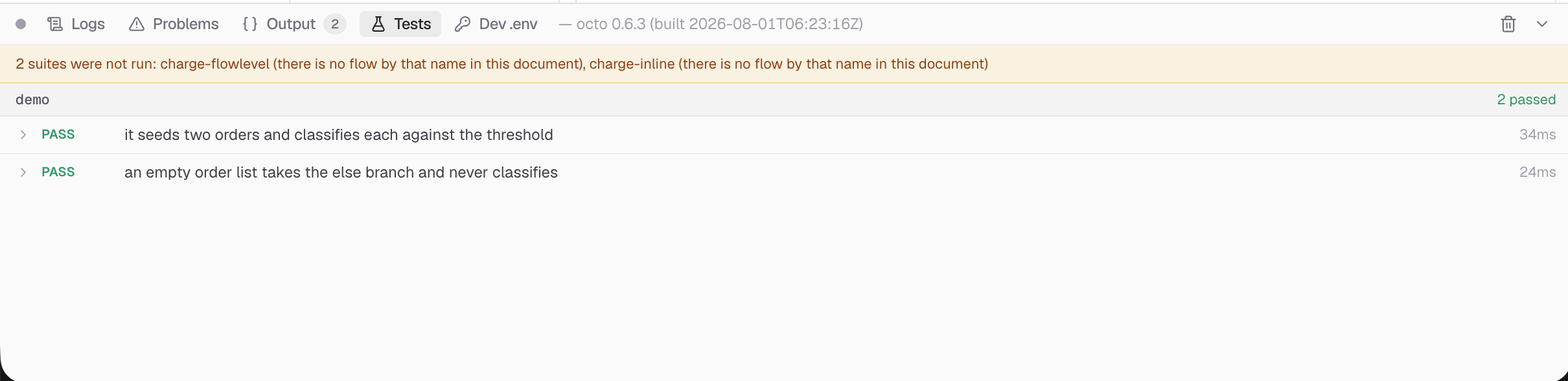 The Tests tab reporting two suites that were not run, each named with the reason it was held back, above the results of the one that did run