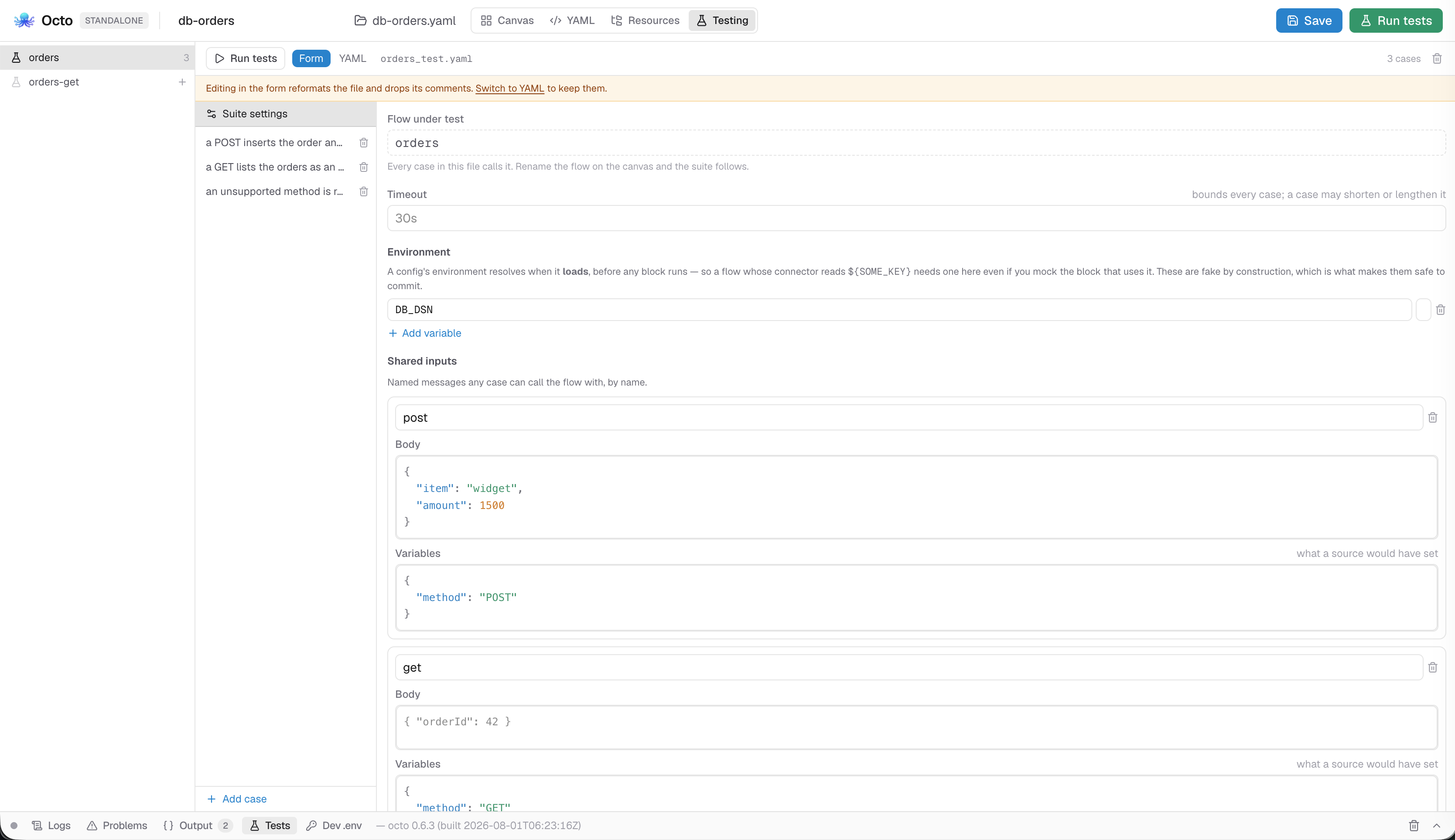 The suite settings pane: the flow under test, a timeout, an environment declaring DB_DSN, and the shared inputs post and get with their bodies and variables