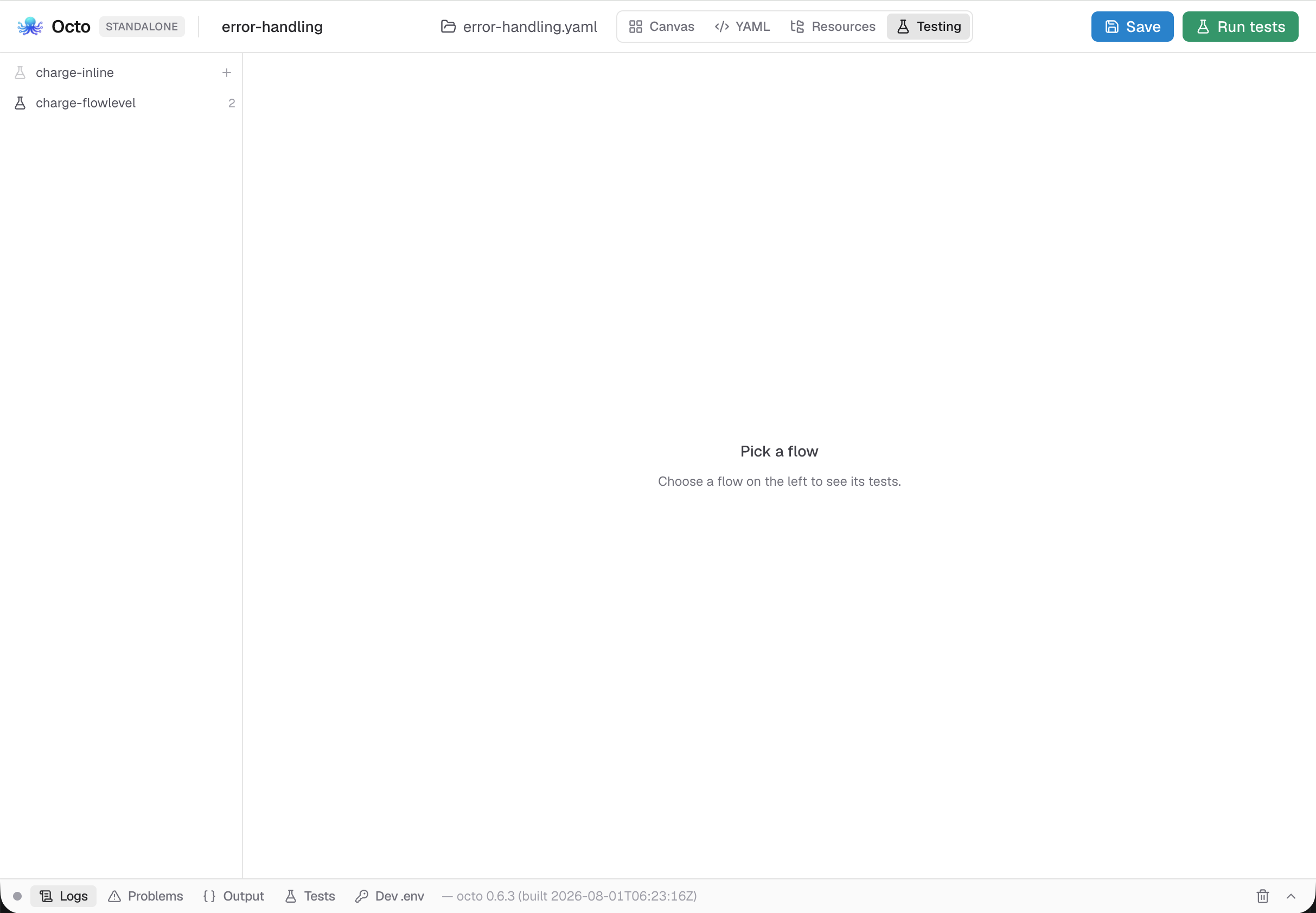 The editor's Testing tab: a rail of flows, one with a suite of two cases and one with none yet