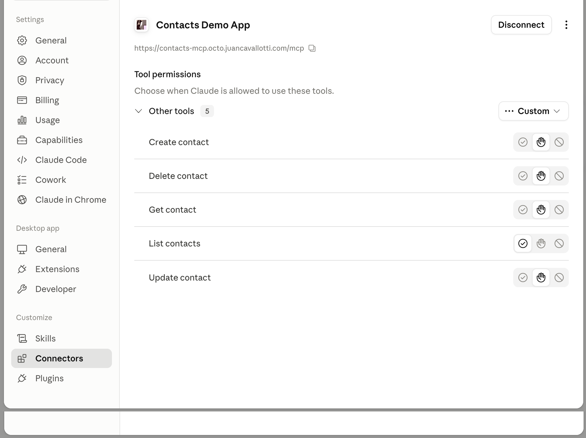 An MCP client listing the tools exposed by an Octo mcp-router server