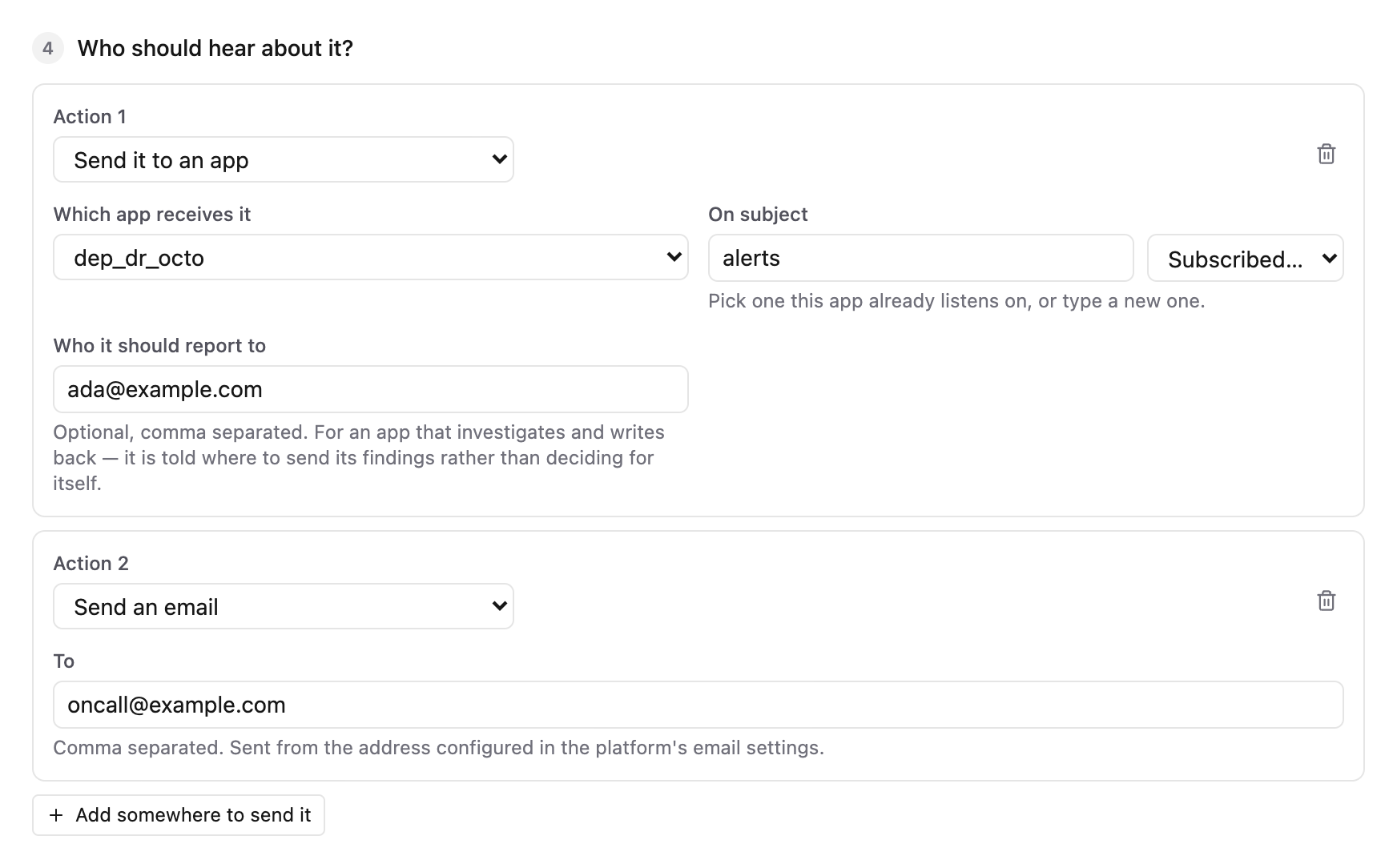 Step four of the alert editor: a topic action naming the receiving app, the subject and the report-to address, above an email action