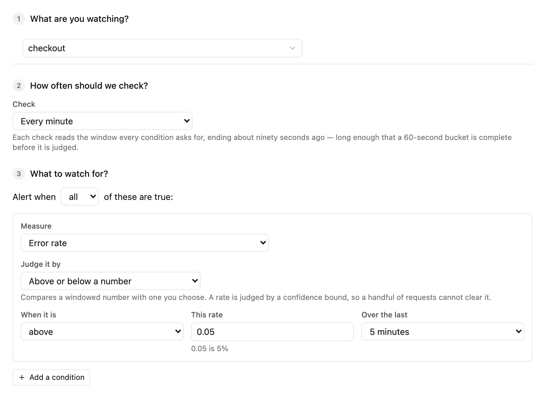 Steps one to three of the alert editor: the app being watched, how often it is checked, and one threshold condition on the error rate