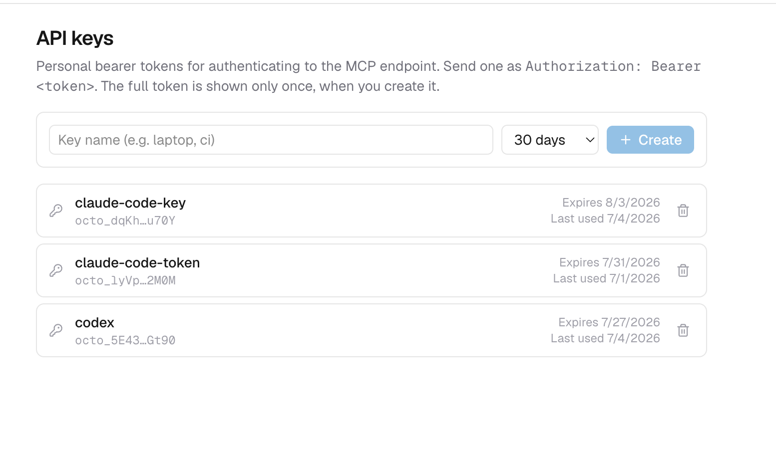 Managing API keys in the account view