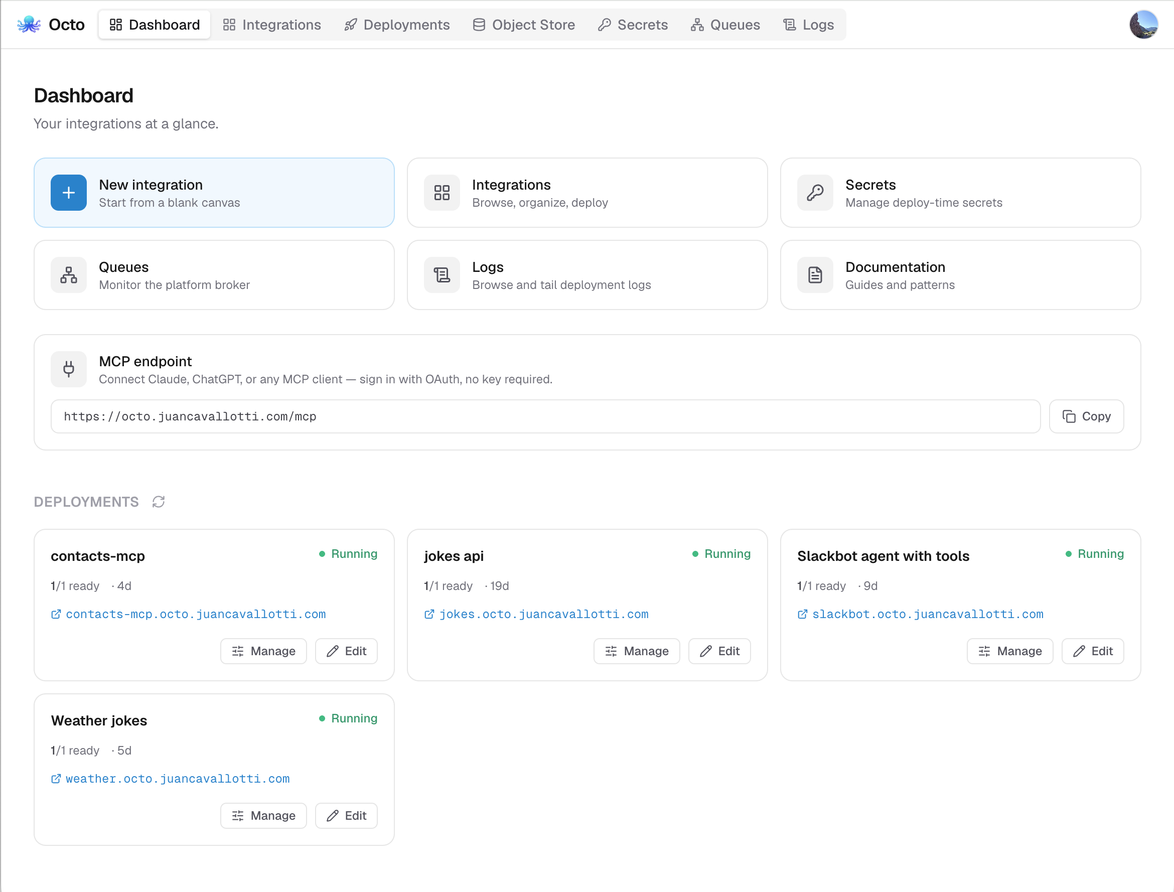 The Octo platform dashboard after signing in