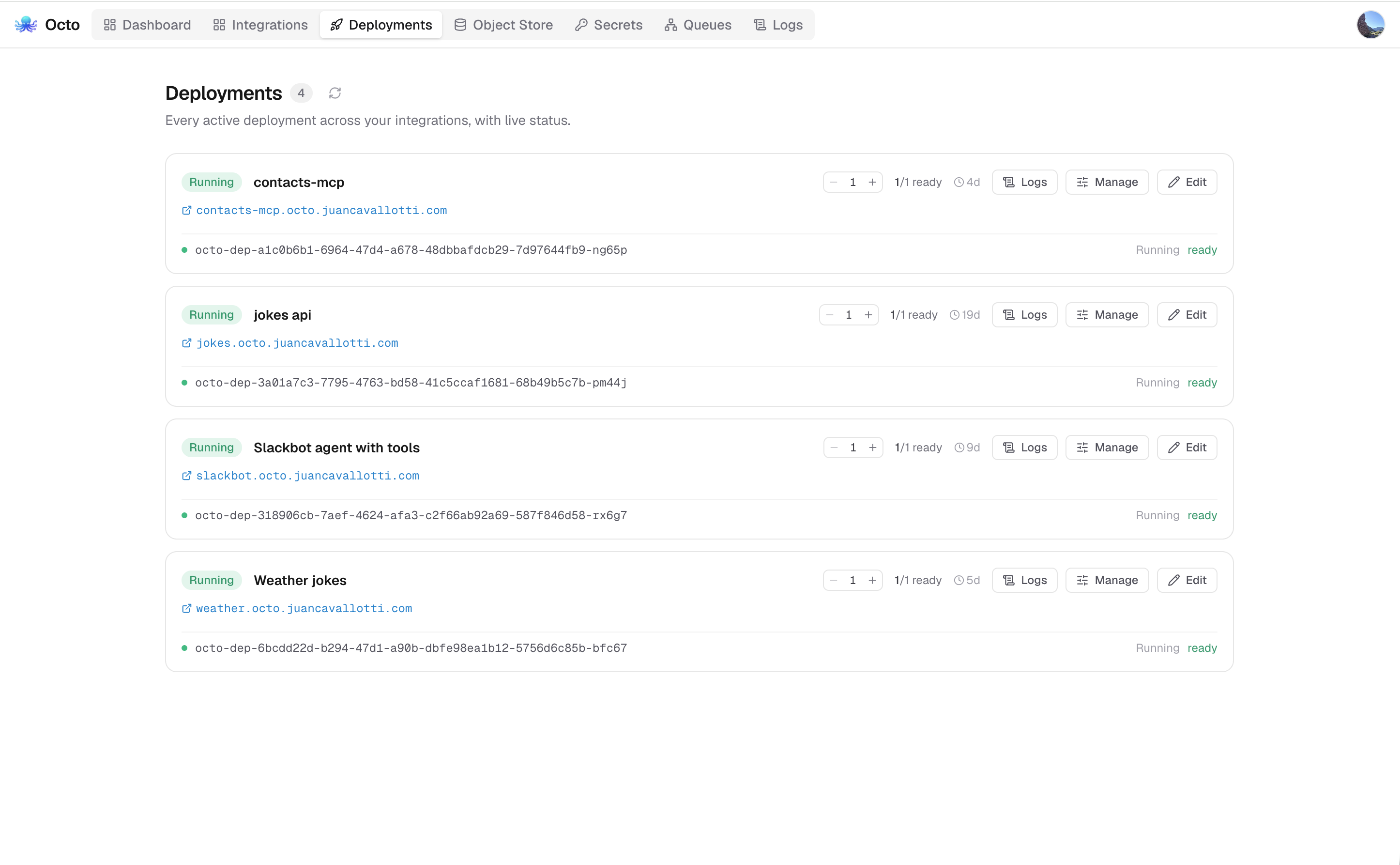 An integration's deployments view on the platform