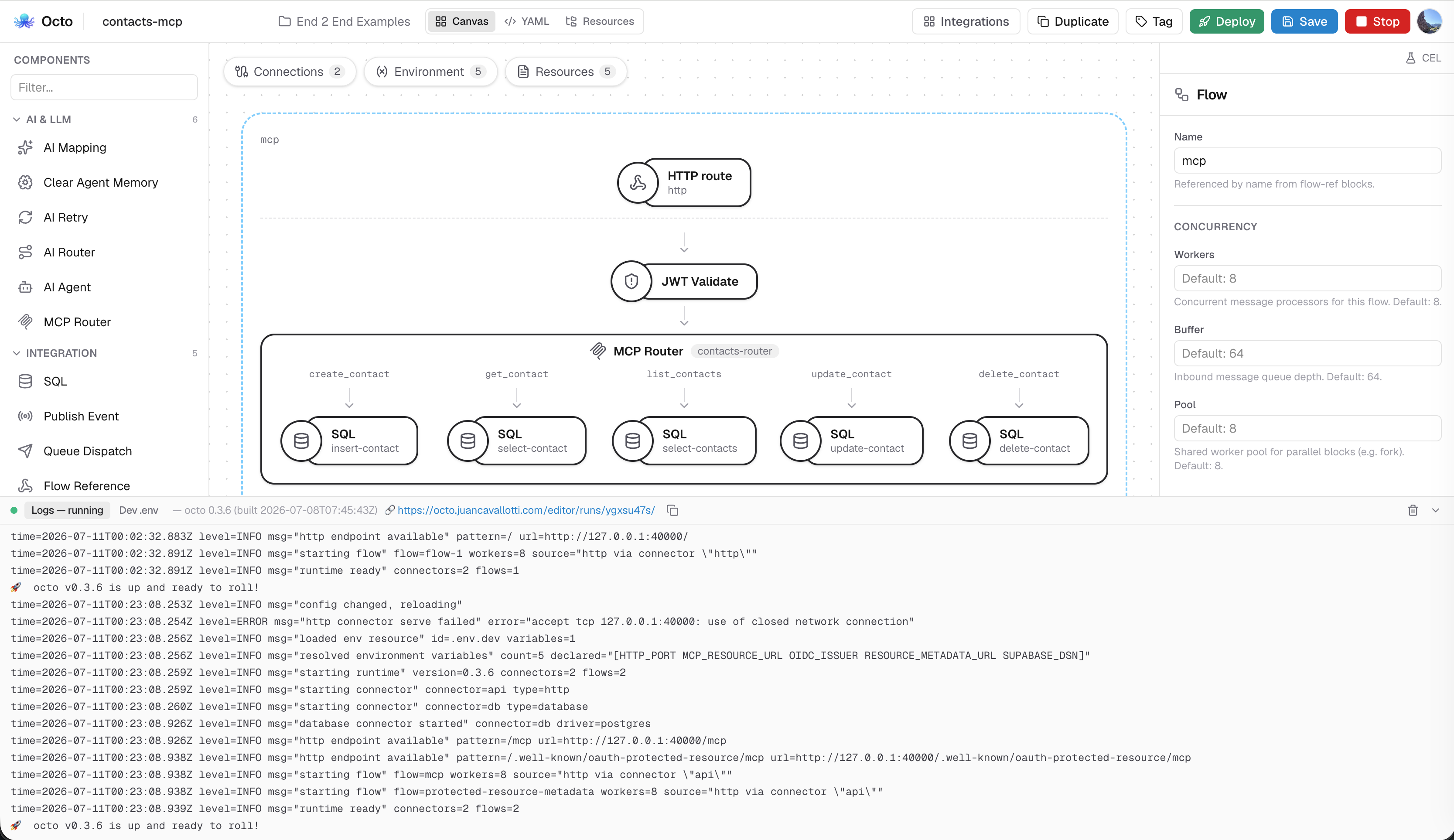 The platform app's visual editor — the block palette, an integration's flow graph, and the settings panel, with Save, Run, and Deploy in the toolbar