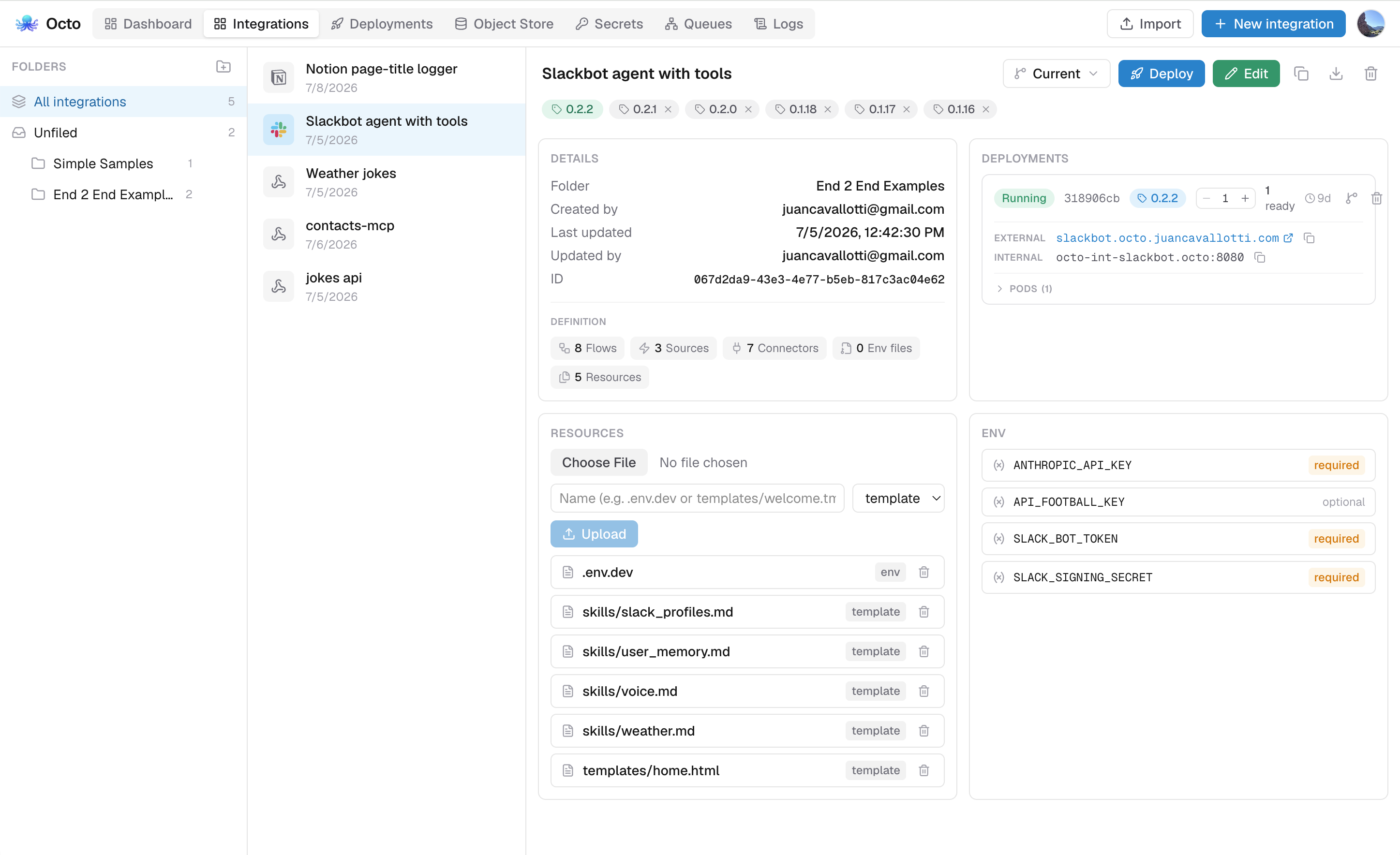 The integrations list organized into folders