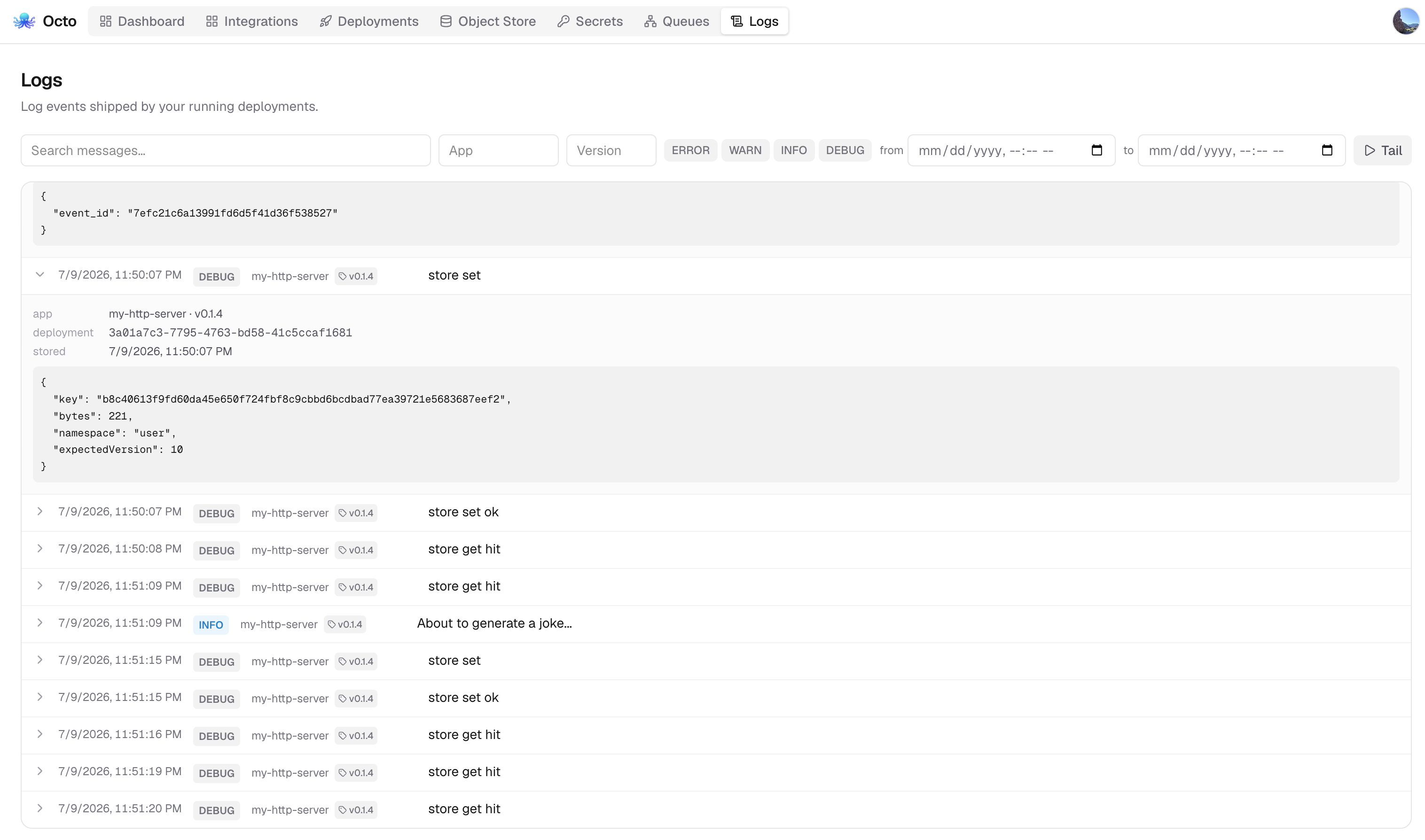 The platform log viewer streaming logs from a running flow
