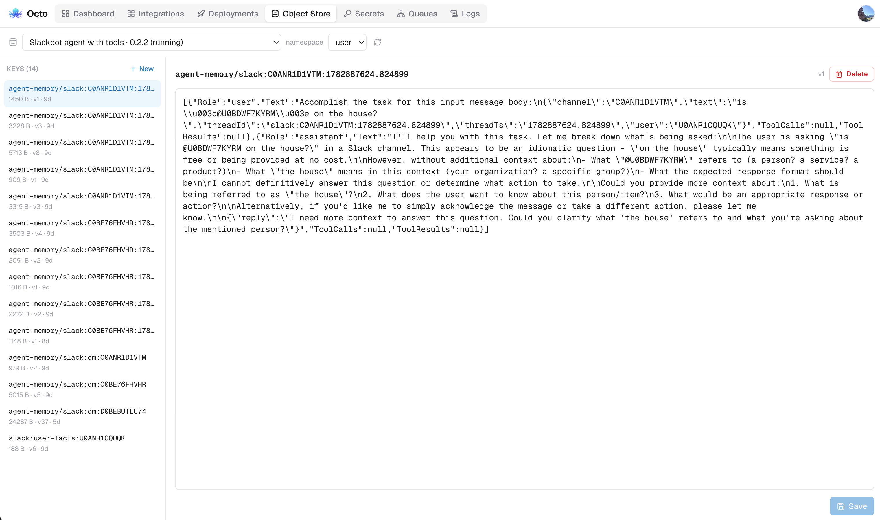 The object browser showing a deployment's key/value store