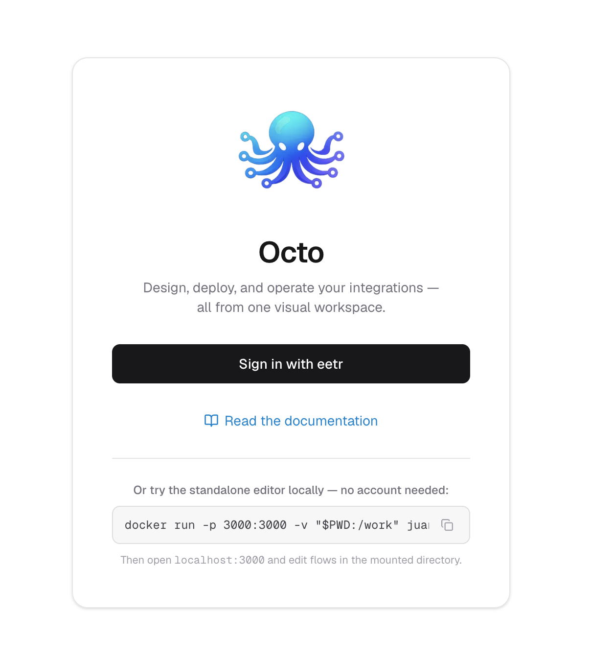 The Octo platform sign-in page: OIDC single sign-on, with the standalone editor offered as a no-account alternative