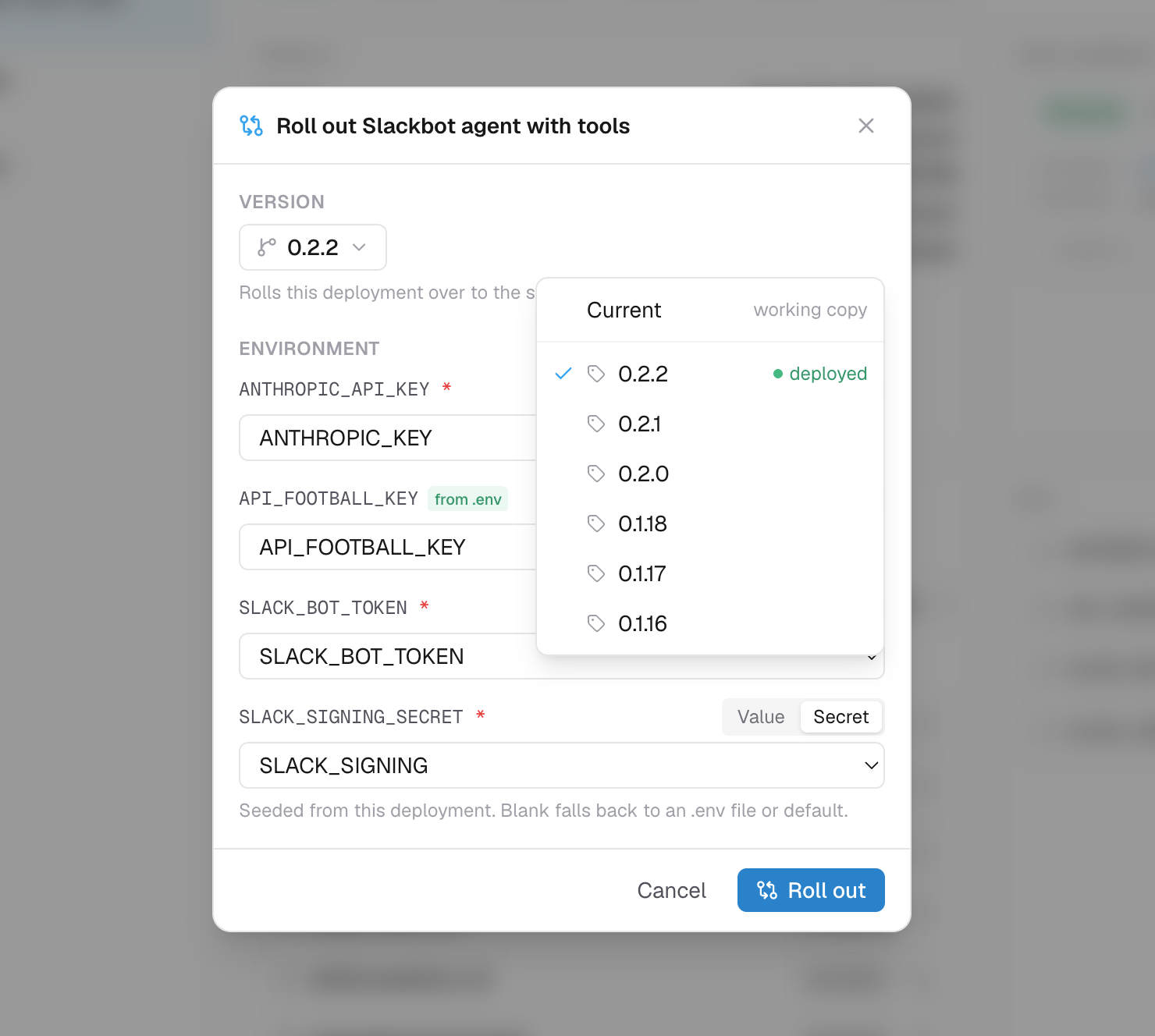 An integration's version-tag history on the platform
