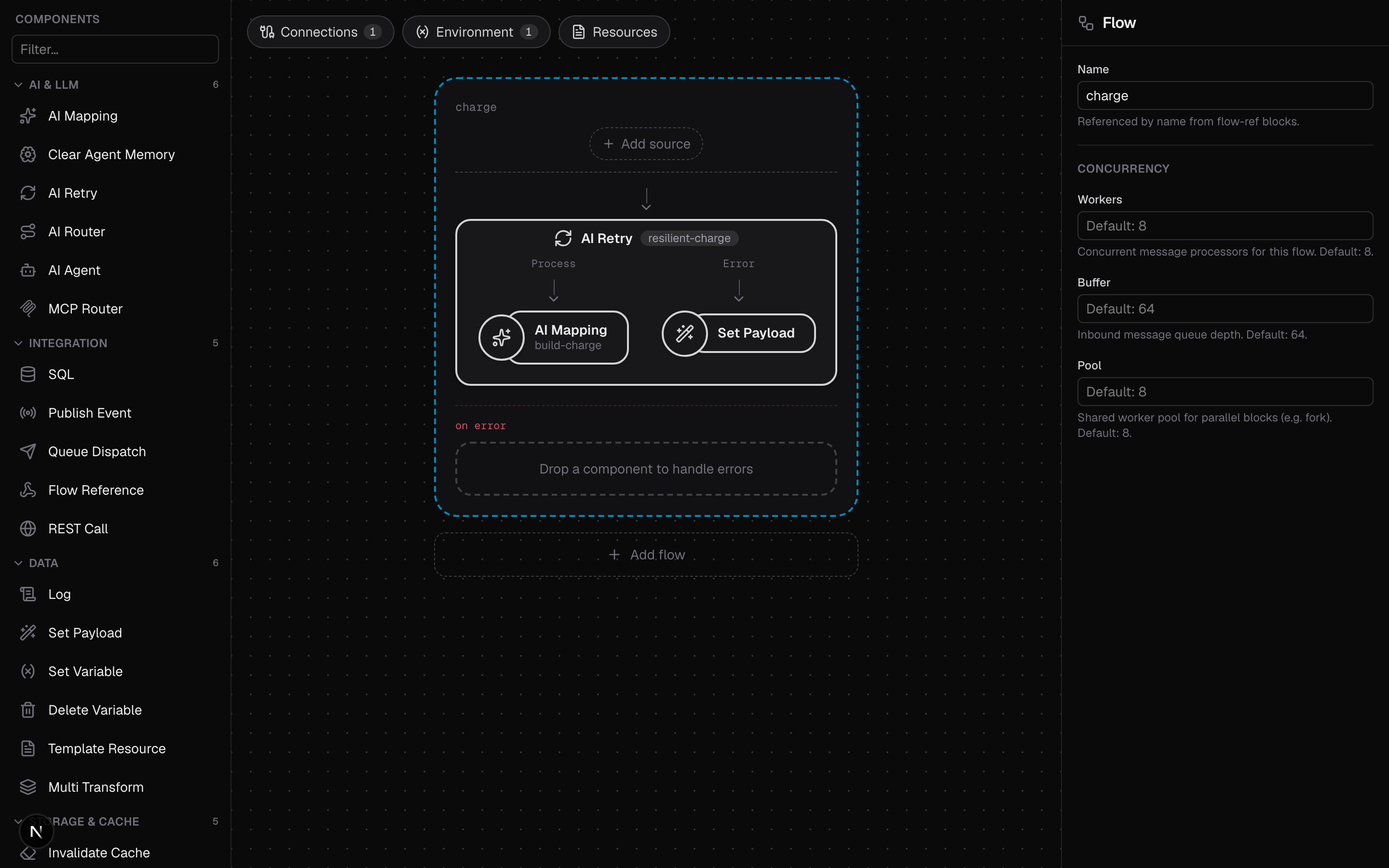 The ai-retry sample in the visual editor