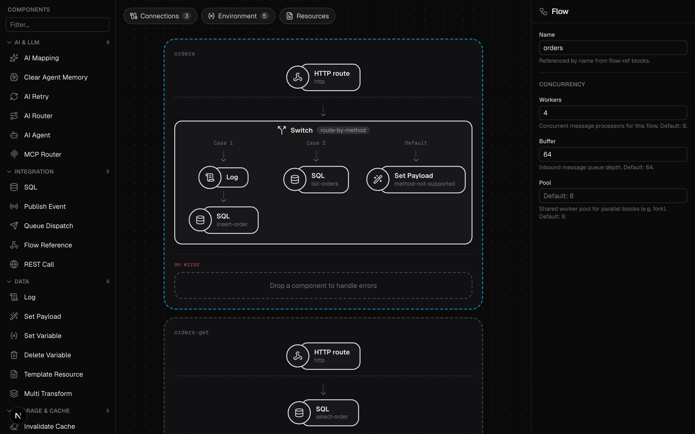 The flow in the visual editor