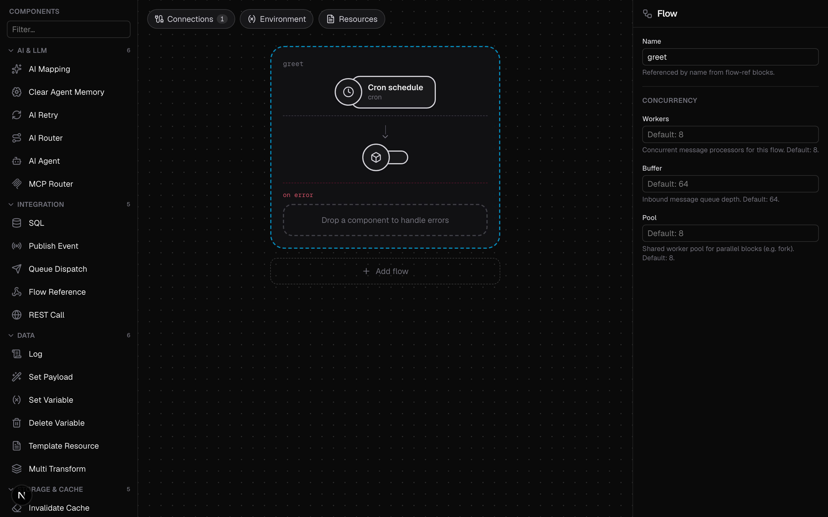 The hello-world sample open in the visual editor