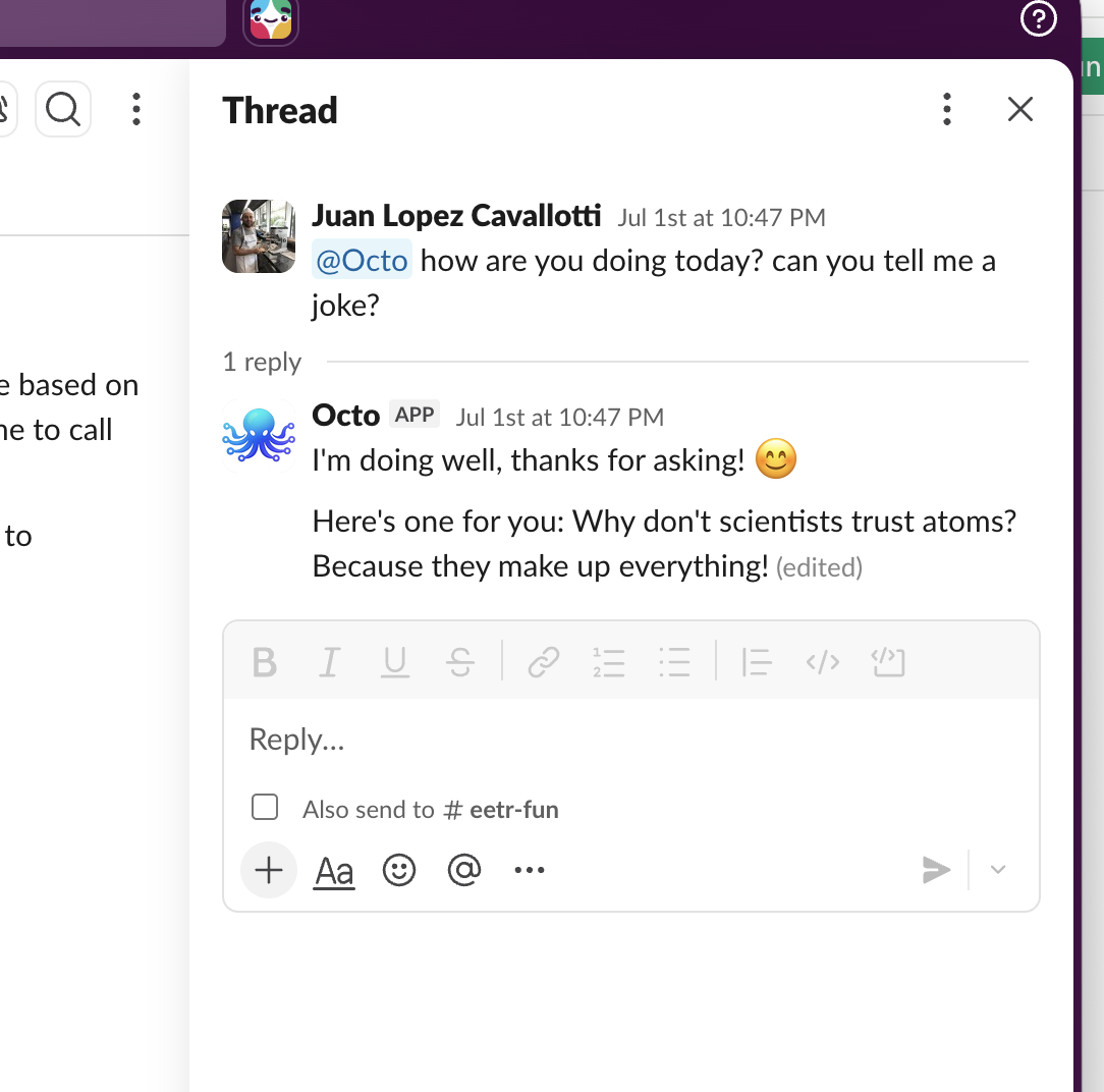 A Slack thread: the mention, the "Thinking..." placeholder, and the final reply that replaces it