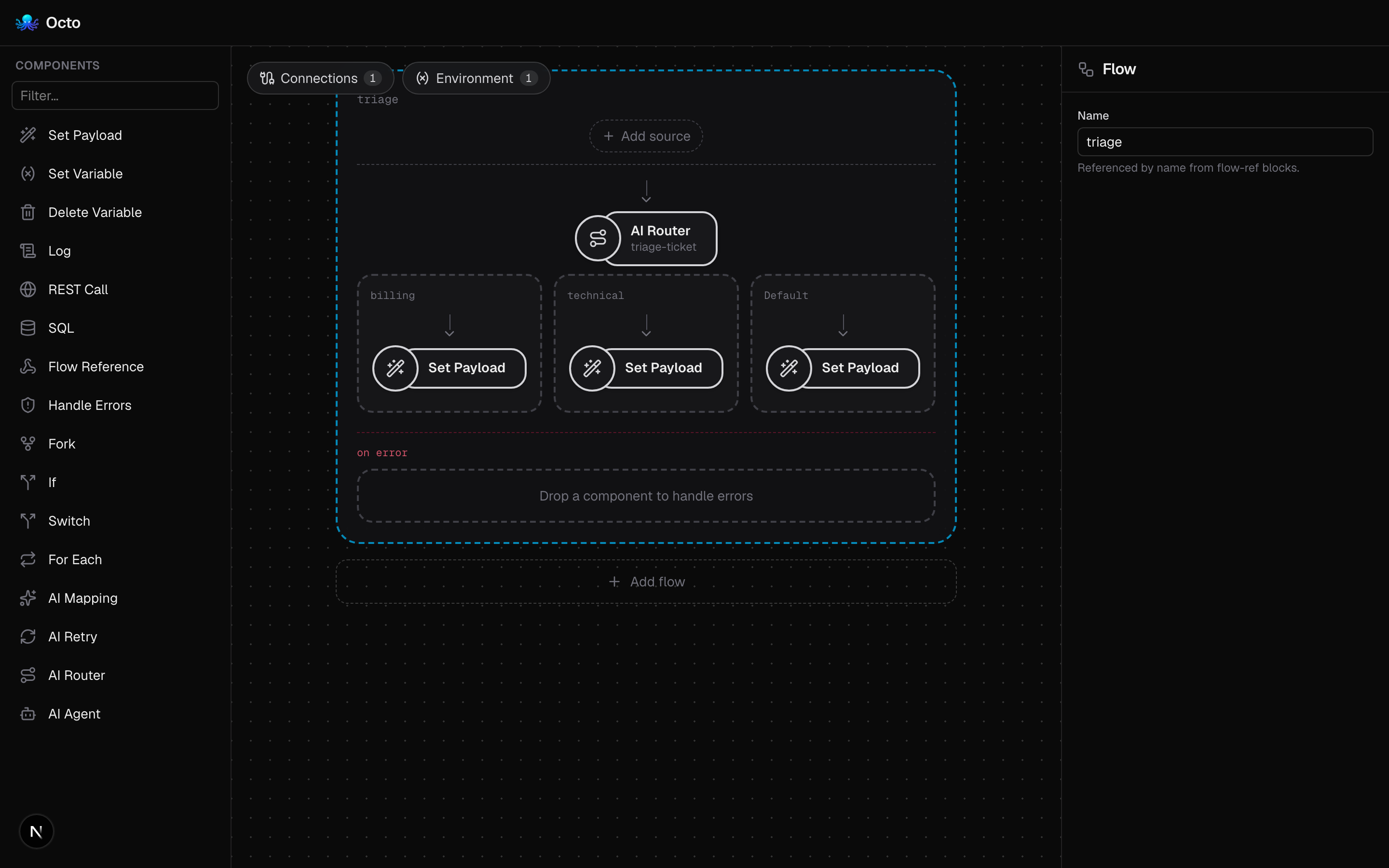 An ai-router flow on the Octo editor canvas: an AI Router block fanning out to billing, technical, and default routes.