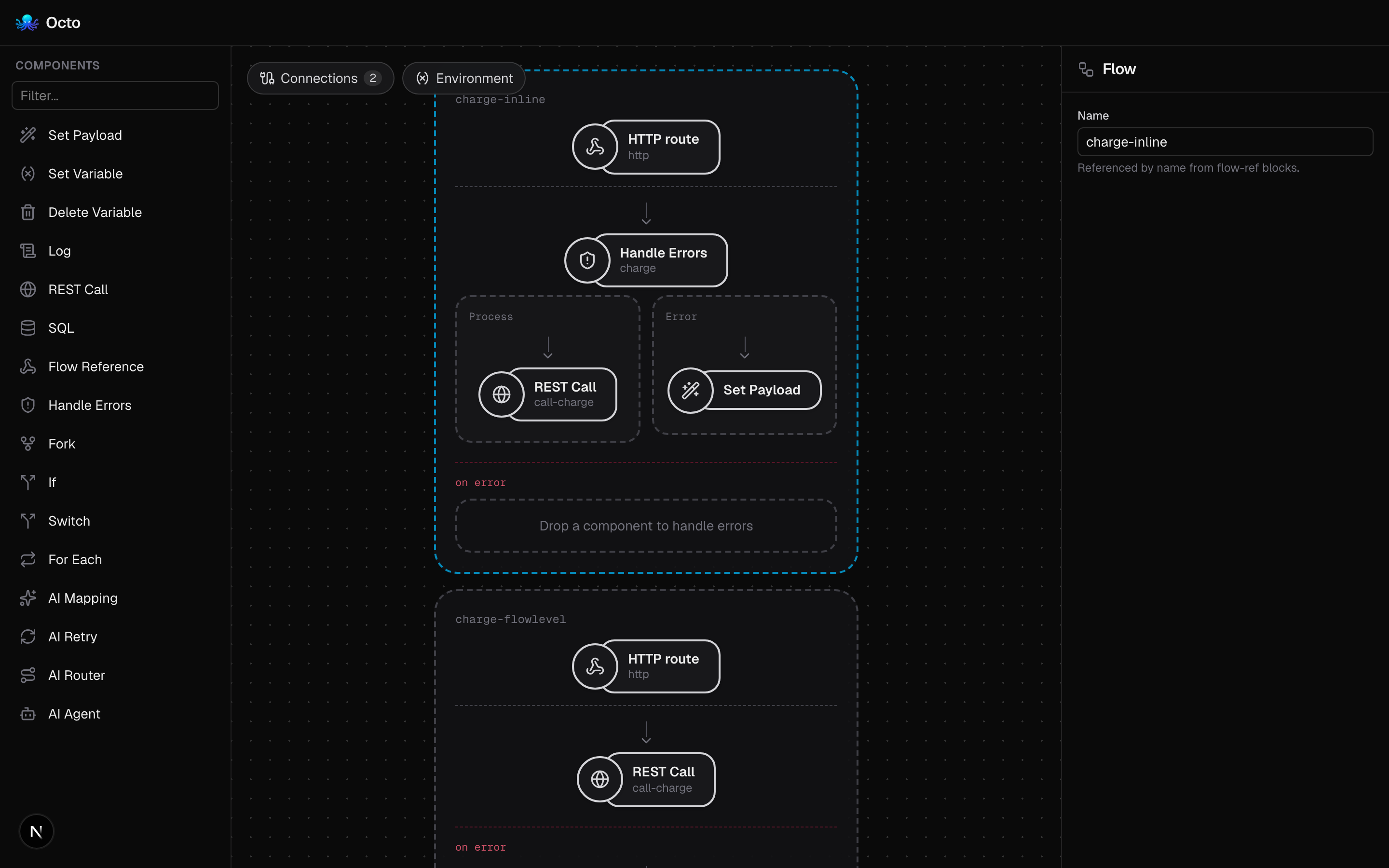 The error-handling sample on the canvas: a handle-errors block with a recovery lane, and a flow-level error path.